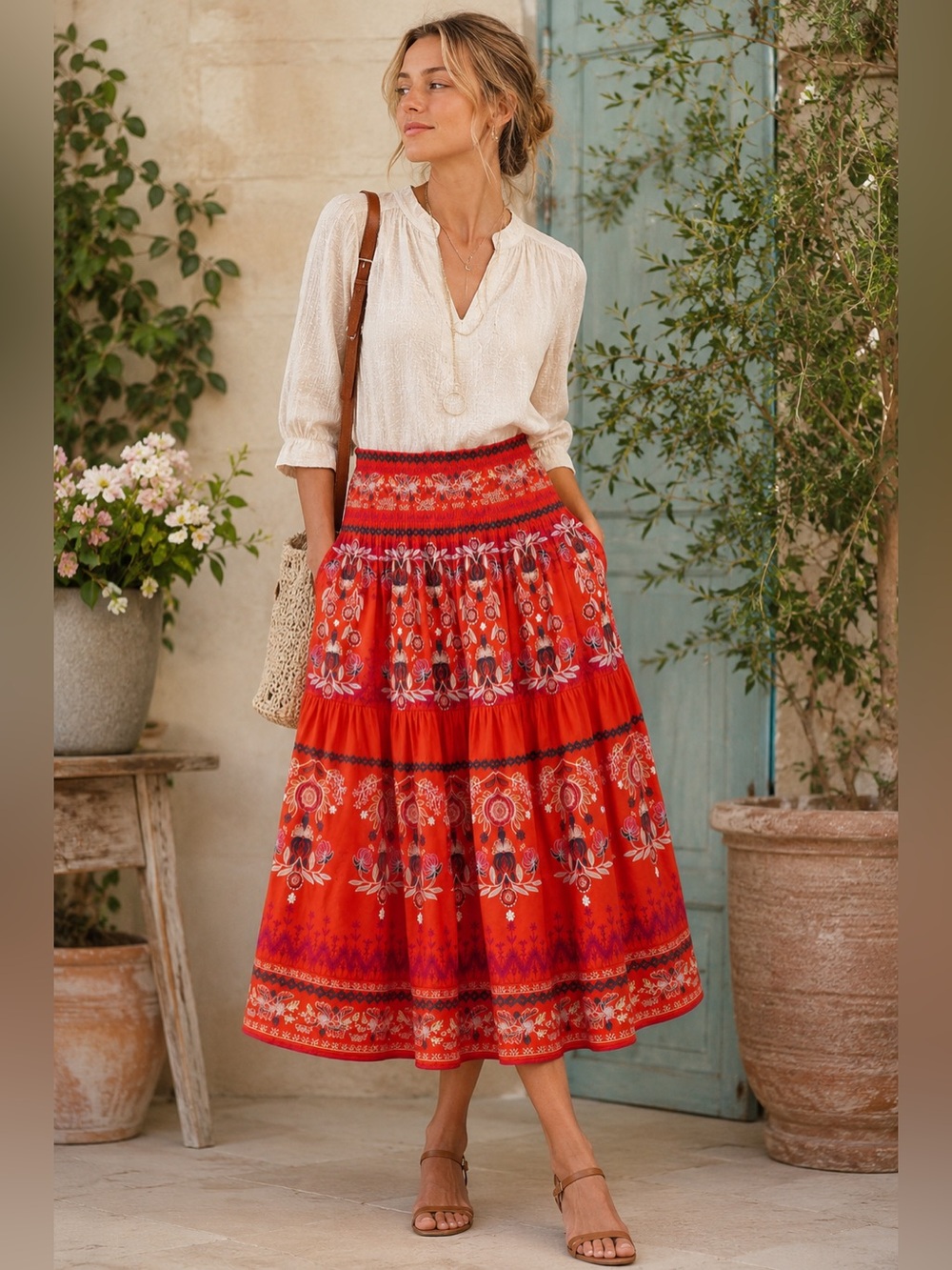 Sundance Salina Skirt PL Petite Large Coral Embroidered Cotton Silk Boho Midi